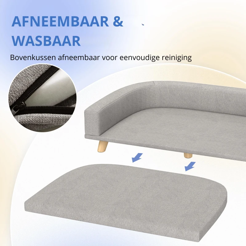 PawHut Hondensofa voor Grote Honden tot 30 kg, Gepolsterd, met Grenenhouten Poten, 98 x 67 x 25 cm, Grijs(m-7)
