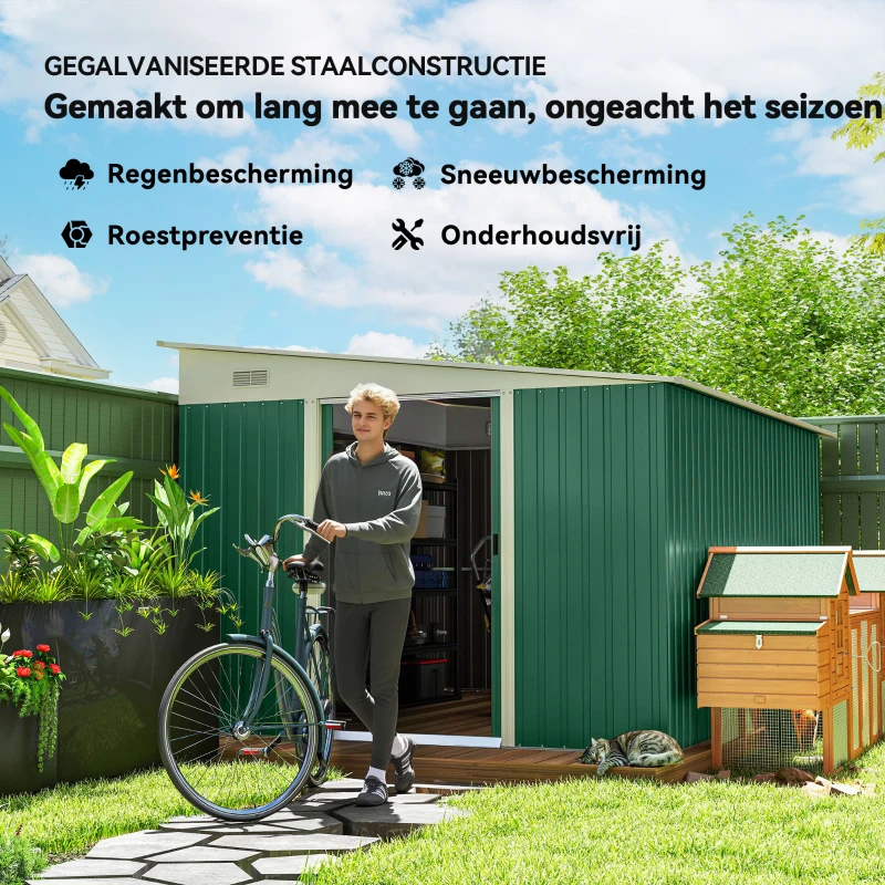Outsunny Metalen Tuinschuur Schuin Dak Afsluitbare Dubbele Deur 2,8 x 3,45 x 2,01m Groen(m-4)