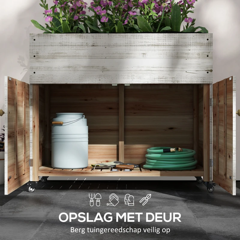 Outsunny Houten plantenbak op wielen, kastje, interieurvoering, vintage look, 110x50x95 cm, wit
