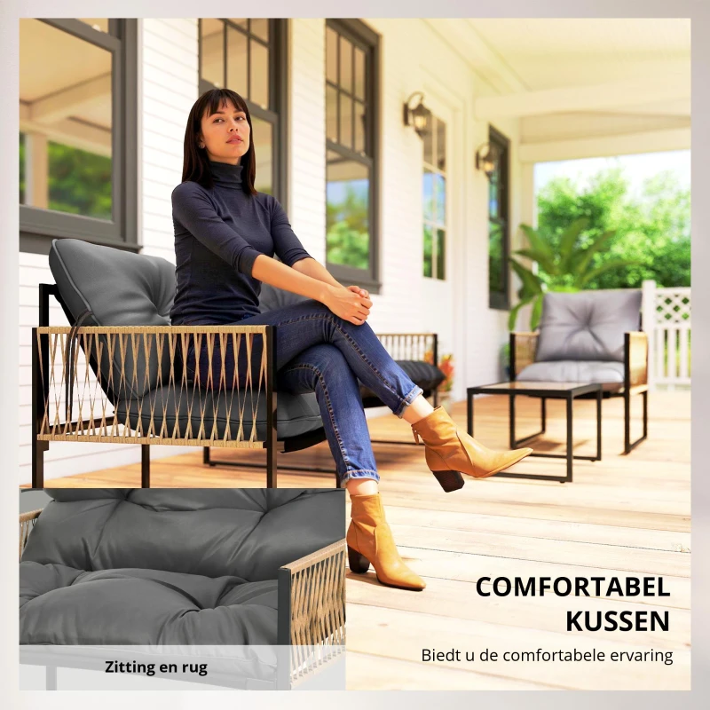 Outsunny Tuinmeubelset, 4-delig, bank, 2 stoelen, tafel met glazen blad, metalen frame, polyrattan, antraciet