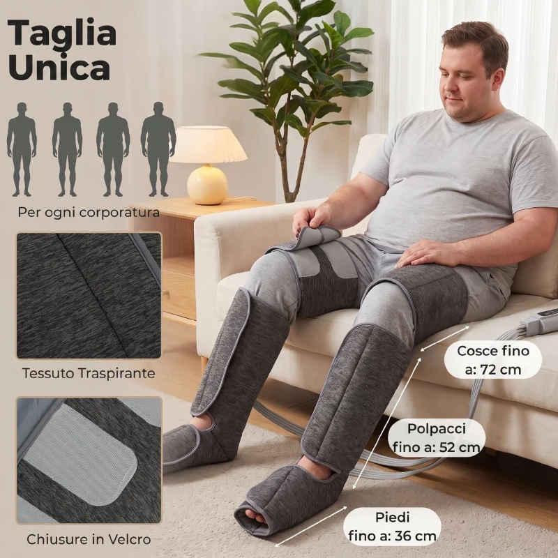 HOMCOM Massaggiatore Gambe a Compressione d'Aria con 3 Modalità, 3 Intensità, 2 Livelli Calore, Grigio