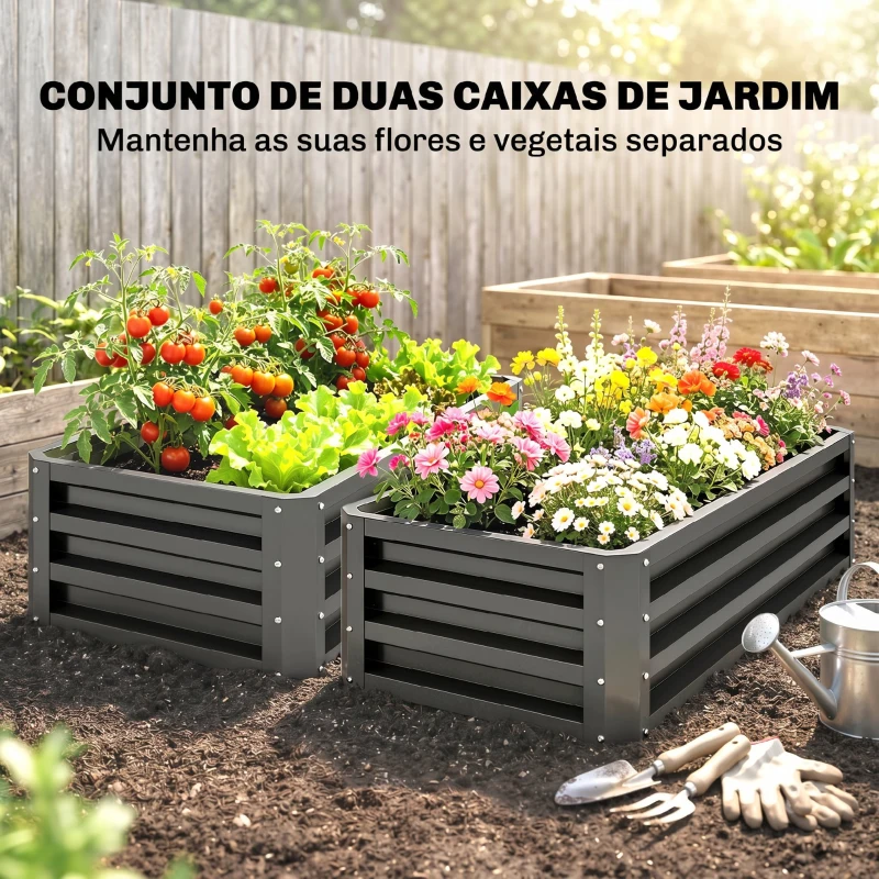 Outsunny Conjunto de 2 Floreiras Grandes para Exterior em Aço Galvanizado Hortas para Terraço Jardim 110x50x30 cm Cinzento