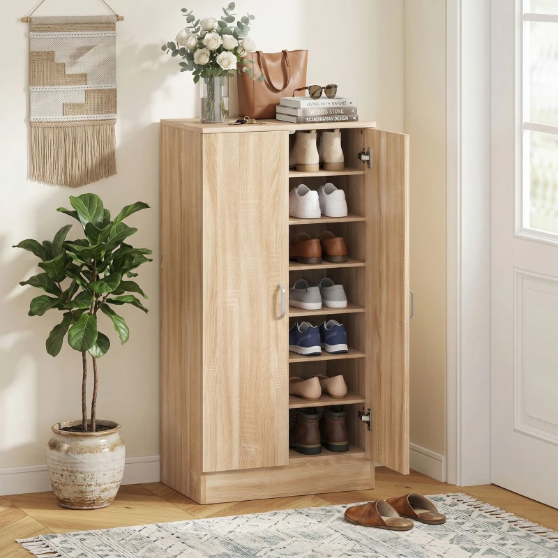 HOMCOM Armoire à chaussures à 2 portes, 6 étagères réglables, charnières à fermeture douce pour 14 paires, Bois naturel