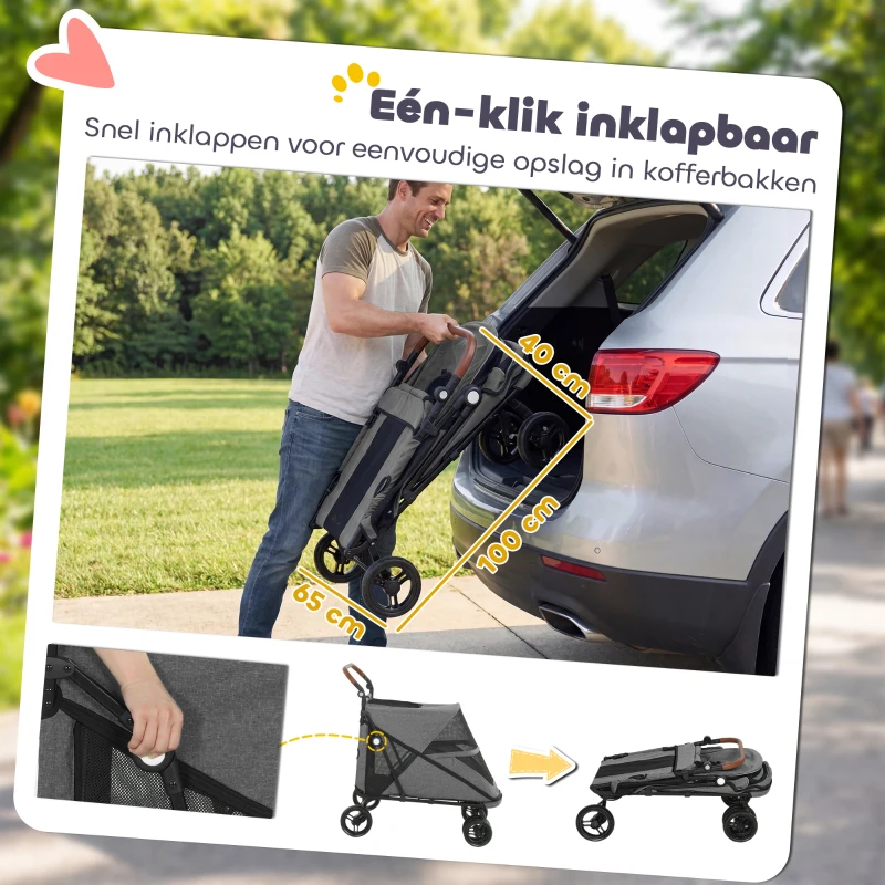 PawHut Hondenwagen inklapbaar hondenbuggy voor grote honden tot 30 kg met 360° draaibare wielen, gaasvensters, kussen en verstelbare handgreep, grijs