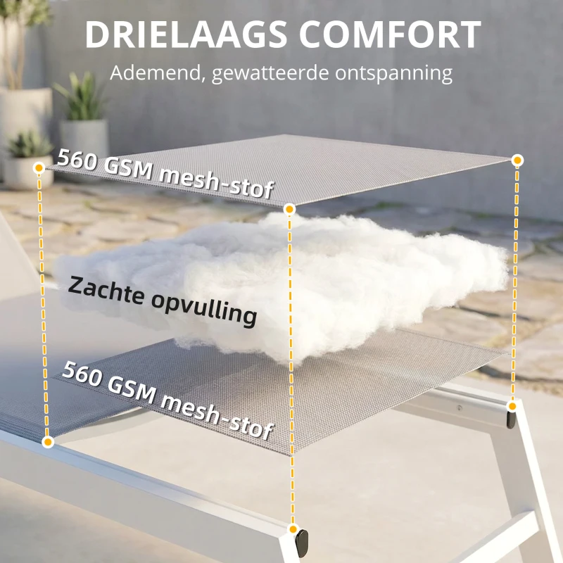Outsunny Zonne-ligstoel ademende tuinligstoel met 6-voudig verstelbare rugleuning aluminiumframe lichtgrijs