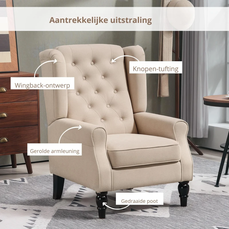 HOMCOM Elegante oorfauteuil, dik gewatteerd, afneembare bekleding, 74 x 87 x 102 cm, Beige