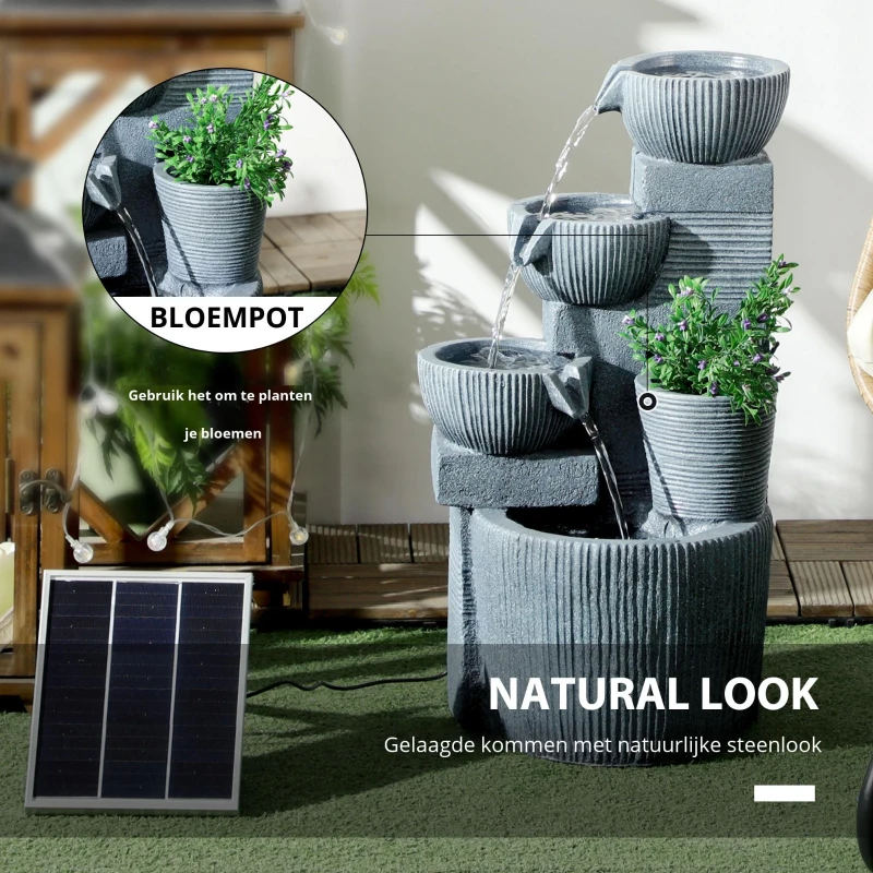 Outsunny Tuinfontein Viertraps Waterval Fontein 57cm Hoogte Zonne-energie LED's voor Tuin, Donkergrijs