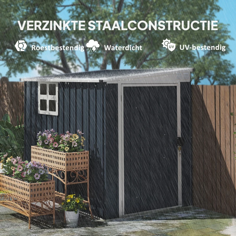 Outsunny Tuinopslagschuur, Gereedschapsschuur voor Tuingereedschap, met Venster, Ventilatieopeningen, Afsluitbaar, Staal, Donkergrijs(m-4)