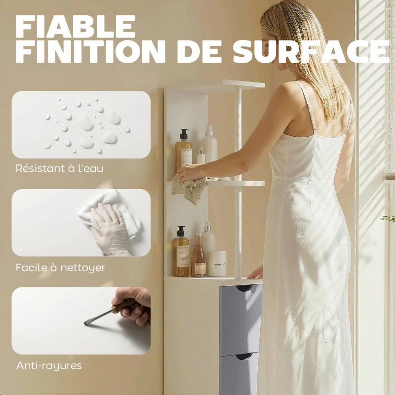 HOMCOM Etagère gain de place WC ou salle de bain 15L x 33l x 136H cm 3 niveaux 2 tiroirs et placard MDF métal blanc gris