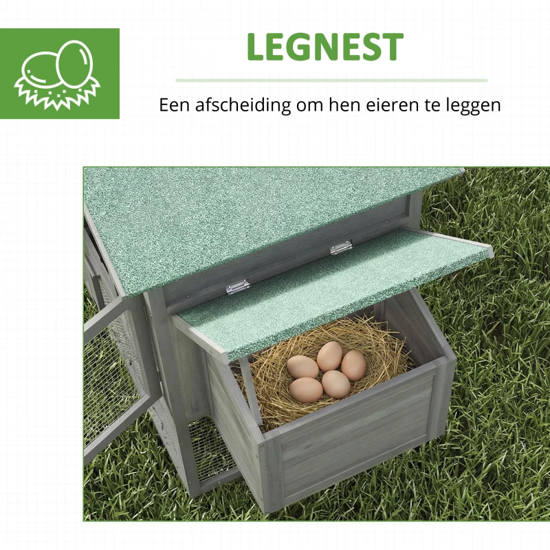 PawHut Kippenhok van hout Kippenhuis met buitenren nestkast helling uitschuifbare lade voor 2-4 kippen 168x75x103cm grijs
