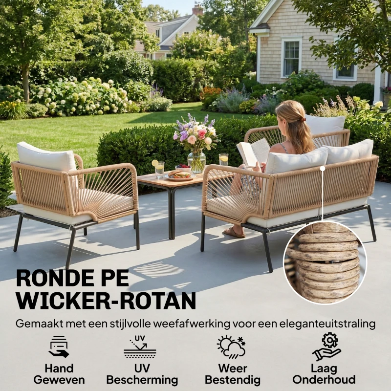 Outsunny Tuinmeubelset Zitgroep voor 4 Personen Tuinlounge met 2-zitsbank, 2 Stoelen, Lamellentafel en Wasbare Kussens