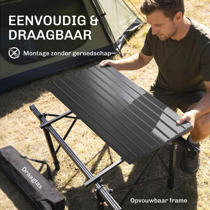 Outsunny Campingtafel met Opbergmand, In Hoogte Verstelbaar, Opvouwbaar, Aluminium, Zwart