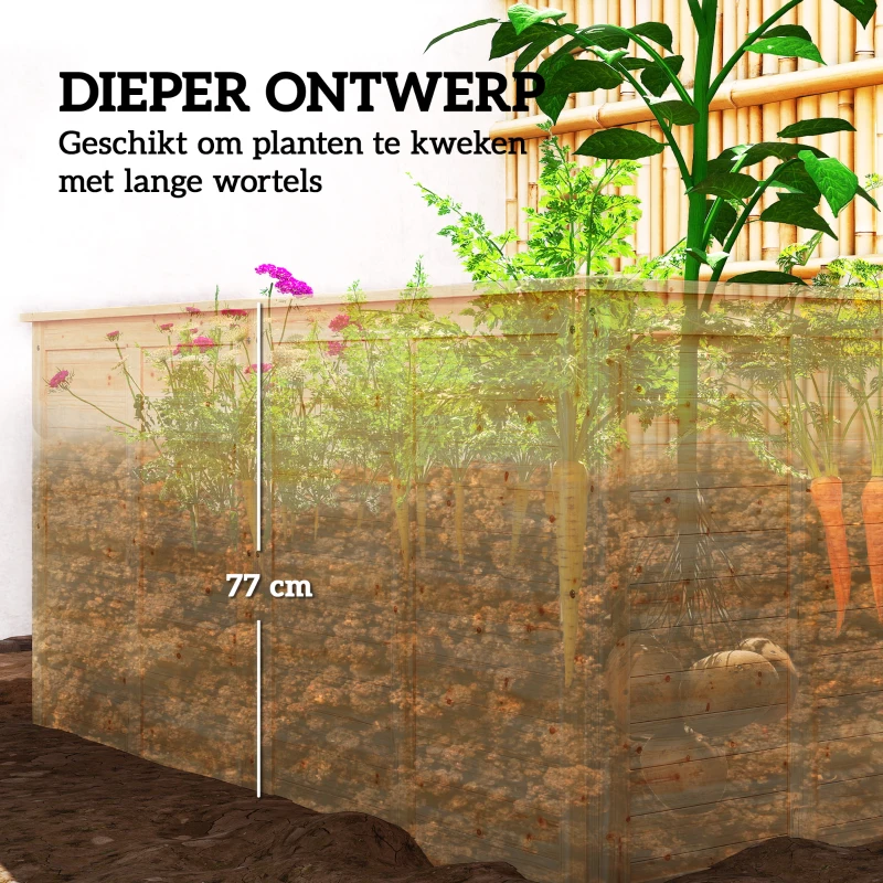 Outsunny Houten hoogbed 152 x 77 x 77 cm verhoogd diep kruidenbed met open bodem en verstevigingsstangen