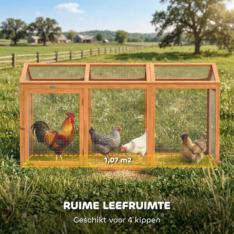 PawHut Kippenhok buitenverblijf met zitstok en dubbele deuren, van hout en metaal, geschikt voor 4 kippen, 156 x 70,5 x 84 cm oranje