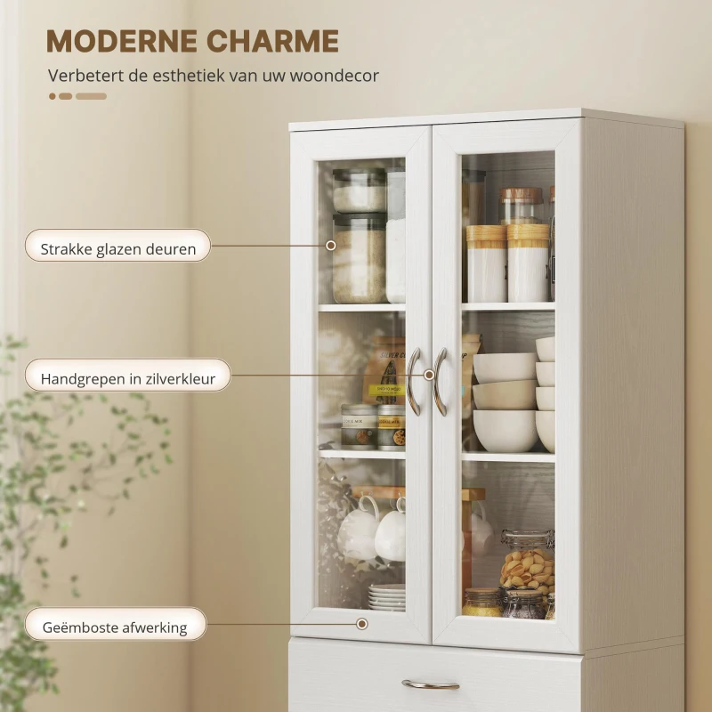 HOMCOM Keukenkast Buffetkast met verstelbare plank, lade, 2 deuren, hoge kast met glazen deur 60 x 35 x 180 cm Wit