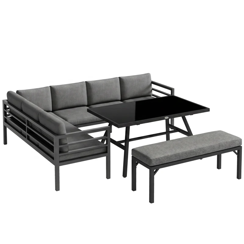 Outsunny 4 Piece L-shaped Garden Furniture Set 8-Seater Aluminium Outdoor Dining Set Conversation Sofa Set w/ Bench, Dining Table & Cushions, Grey