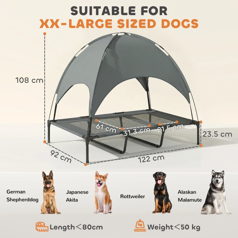 PawHut Outdoor Dog Bed with Removable Canopy, Portable Raised Dog Bed for Camping, Garden & Beach, Water-Resistant UV-Protection Mesh Pet Cot Sun Lounger, for XL Pets, 122 x 92 x 108 cm, Grey