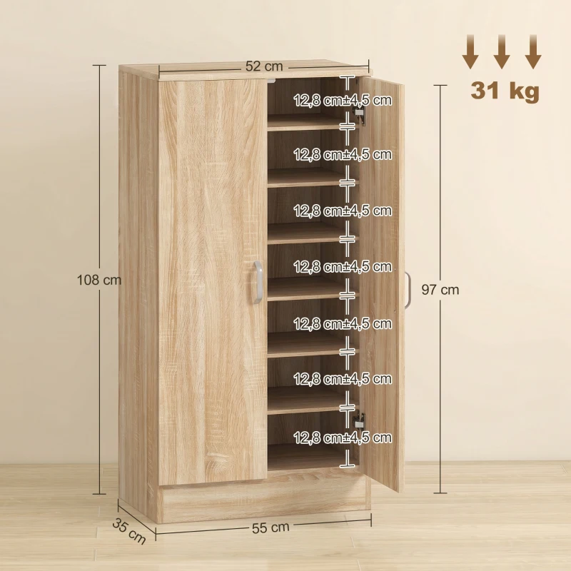 HOMCOM Armoire à chaussures à 2 portes, 6 étagères réglables, charnières à fermeture douce pour 14 paires, Bois naturel