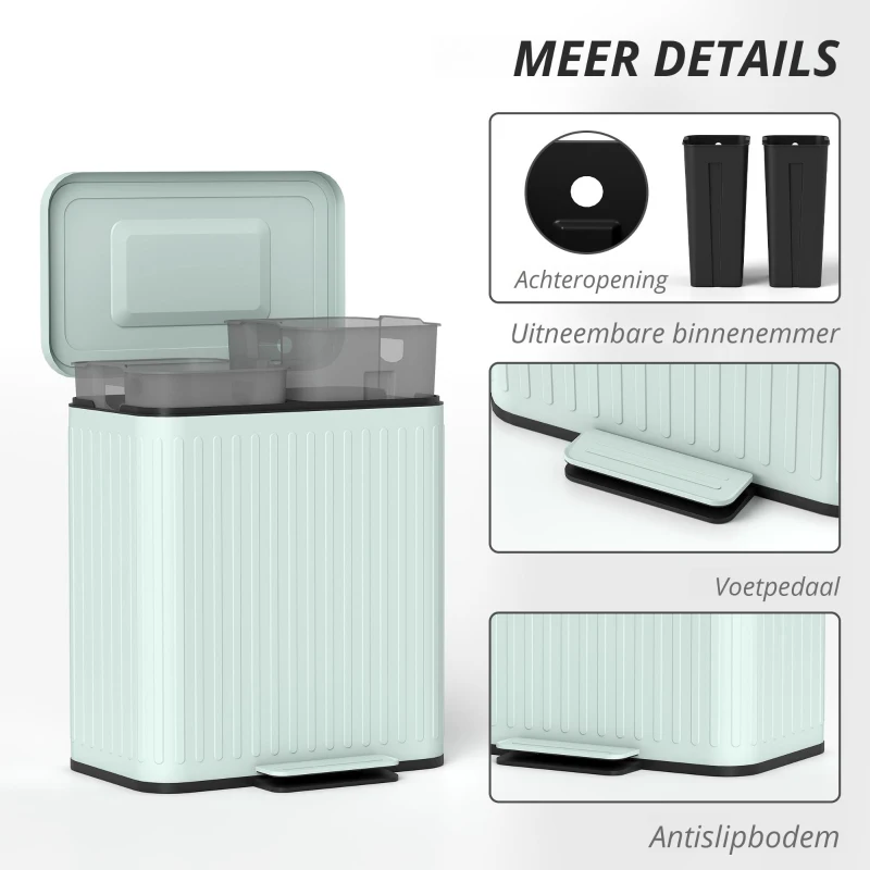 HOMCOM Keukenprullenbak, 2 x 20 L compartimenten, efficiënte afvalscheiding, voetpedaal, kunststof, metaal, groen