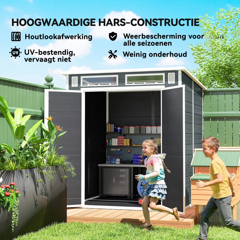 Outsunny Tuinhuis 2,89 m², Tuinschuur met houtlook 3 ramen Dubbele Deur Ventilatie Bodem Slot, 182 x 182 x 196 cm