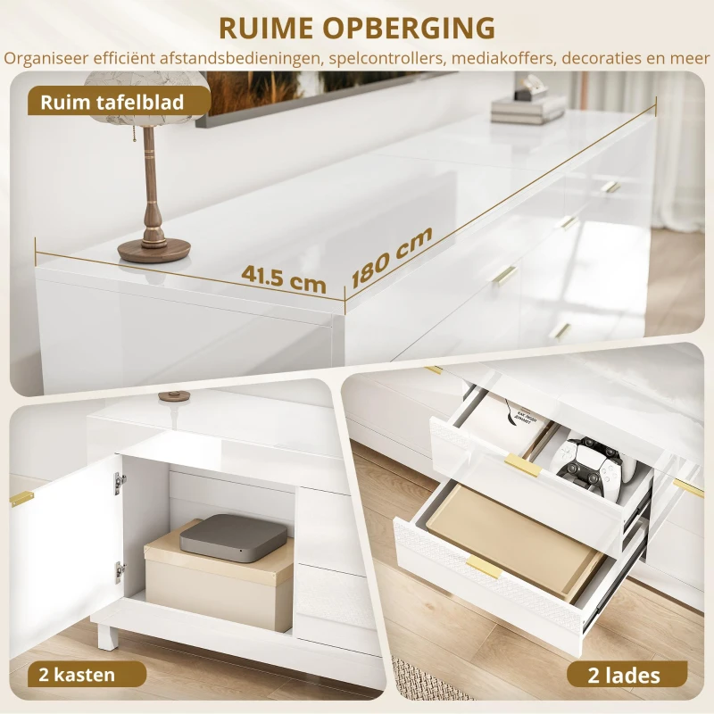 HOMCOM Tv-meubel voor televisies tot 190,5 cm, modern entertainmentcentrum met 2 kasten en 2 lades, hoogglans wit
