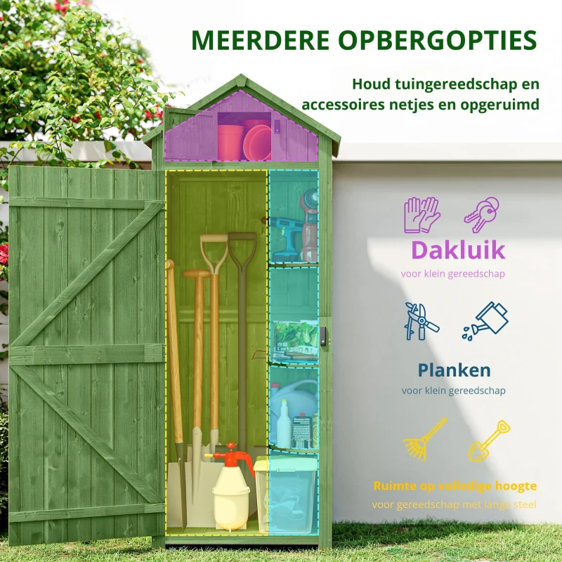 Outsunny Tuinkast hout 3 planken asfalt dak ventilatie afsluitbare deur tuin Groen
