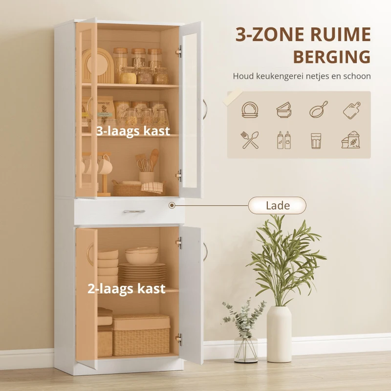 HOMCOM Keukenkast Buffetkast met verstelbare plank, lade, 2 deuren, hoge kast met glazen deur 60 x 35 x 180 cm Wit