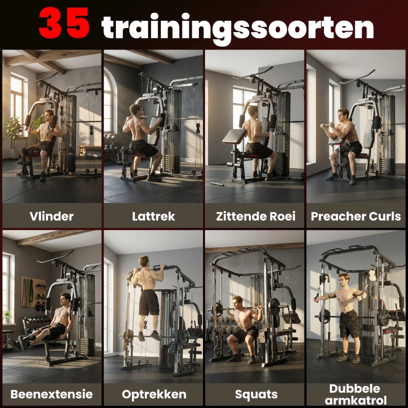 SPORTNOW Krachtstation fitnessstation met 65 kg gewichten, lat-trek, butterflystang, verstelbare preacherbank, beentrainer
