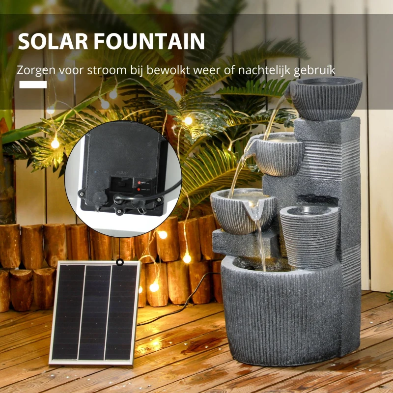 Outsunny Tuinfontein Viertraps Waterval Fontein 57cm Hoogte Zonne-energie LED's voor Tuin, Donkergrijs