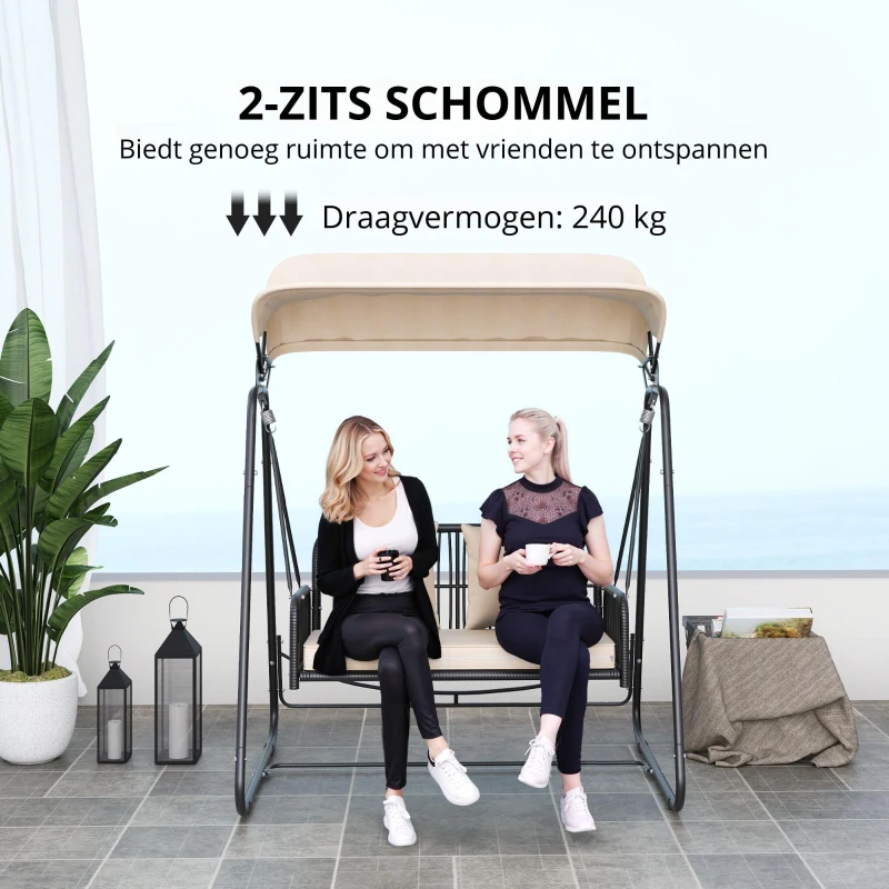 Outsunny Rattan Hollywoodschommel voor 2 Personen met Zonnedak en Kussens, Belastbaar tot 240 kg, 149 x 121 x 180 cm, Khaki