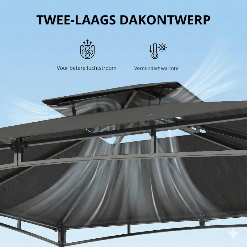 Outsunny Paviljoen 3x3 m Waterafstotend Stabiel Winterbestendig Tuinpaviljoen met Uittrekbaar Bovenframe Dubbellaags Dak Donkergrijs
