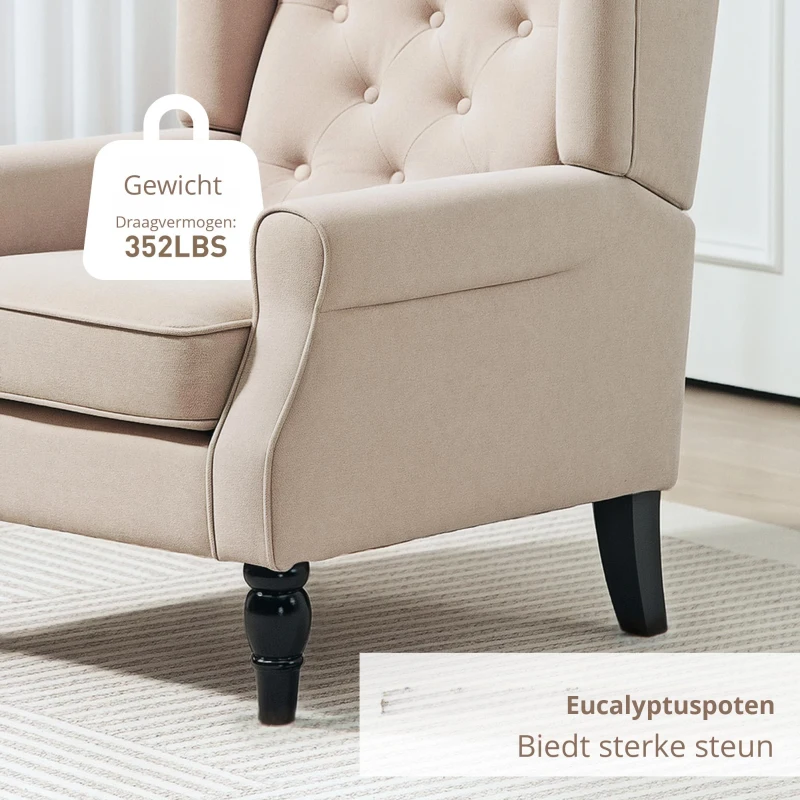 HOMCOM Elegante oorfauteuil, dik gewatteerd, afneembare bekleding, 74 x 87 x 102 cm, Beige