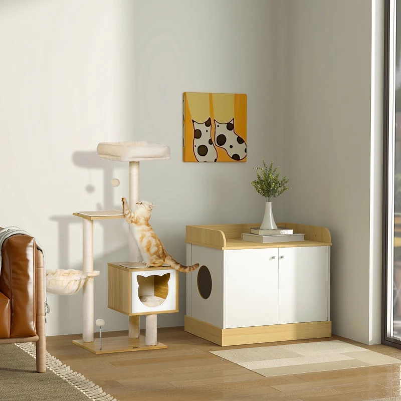 PawHut Tiragraffi per Gatti con 2 Pali, Casetta, Amaca, Lettino e 2 Palline, in Legno, Pile e Sisal, 48x40x126 cm