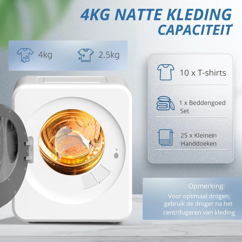 HOMCOM Luchtafvoerdroger, 4 kg voorlader-wasdroger met roestvrijstalen trommel, 800W compact vrijstaand, wit