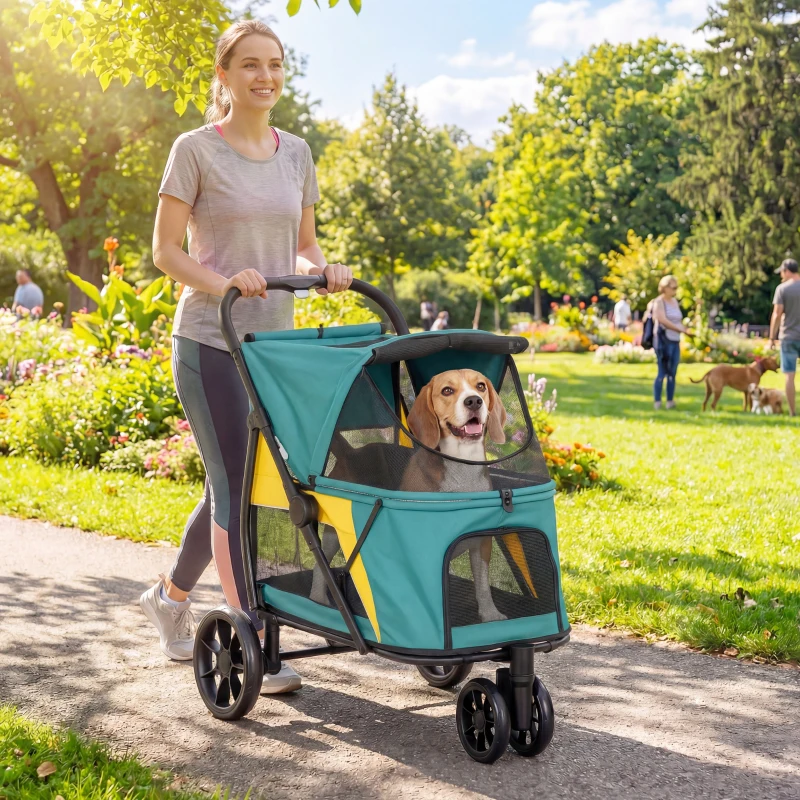 PawHut Hondenwagen opvouwbaar hondenbuggy tot 20kg met kussen, mesh-ramen, achterzak, 92 x 63 x 95 cm Donkergroen