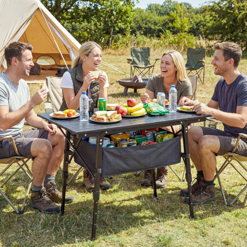 Outsunny Campingtafel met Opbergmand, In Hoogte Verstelbaar, Opvouwbaar, Aluminium, Zwart