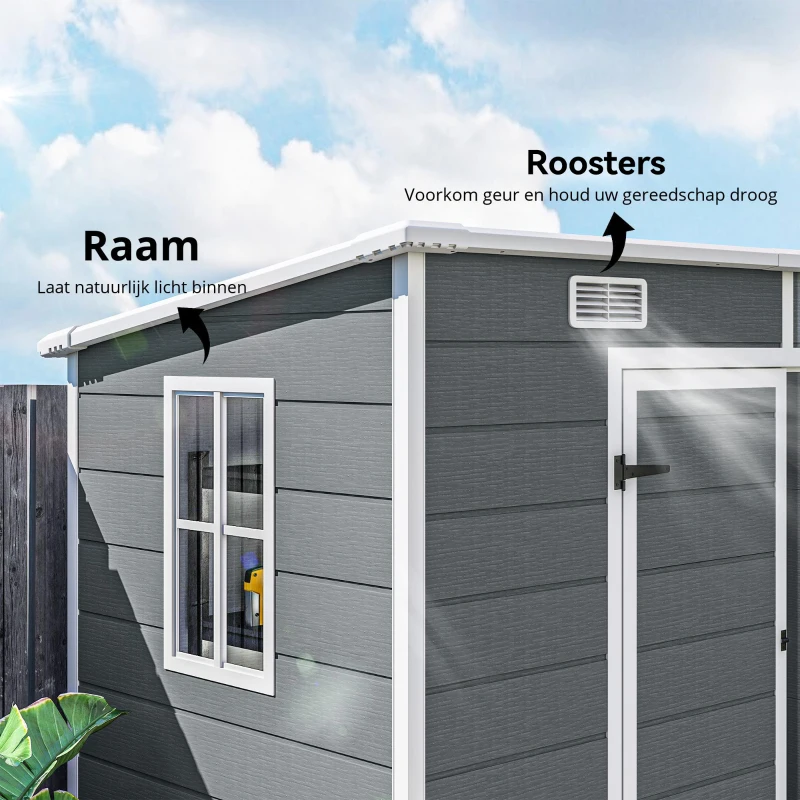 Outsunny 2,4 x 1,3 m Tuinschuur, Kunststof Tuinhuis met Bodem, Raam, Afsluitbare Deuren, voor Tuin, Terras, Grijs