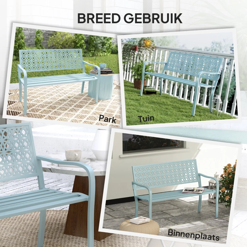 Outsunny Buitenbank, Tuinbank van Staal, Uitgesneden Rugleuning, Armleuningen, voor 2 Personen, Blauw