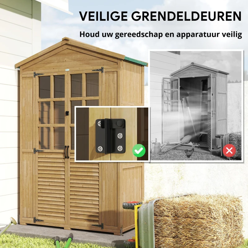 Outsunny Tuinkast hout Gereedschapsschuurtje met opbergruimte Acrylramen Afsluitbare deur Bodemplaat Asfaltdak Ventilatiepaneel