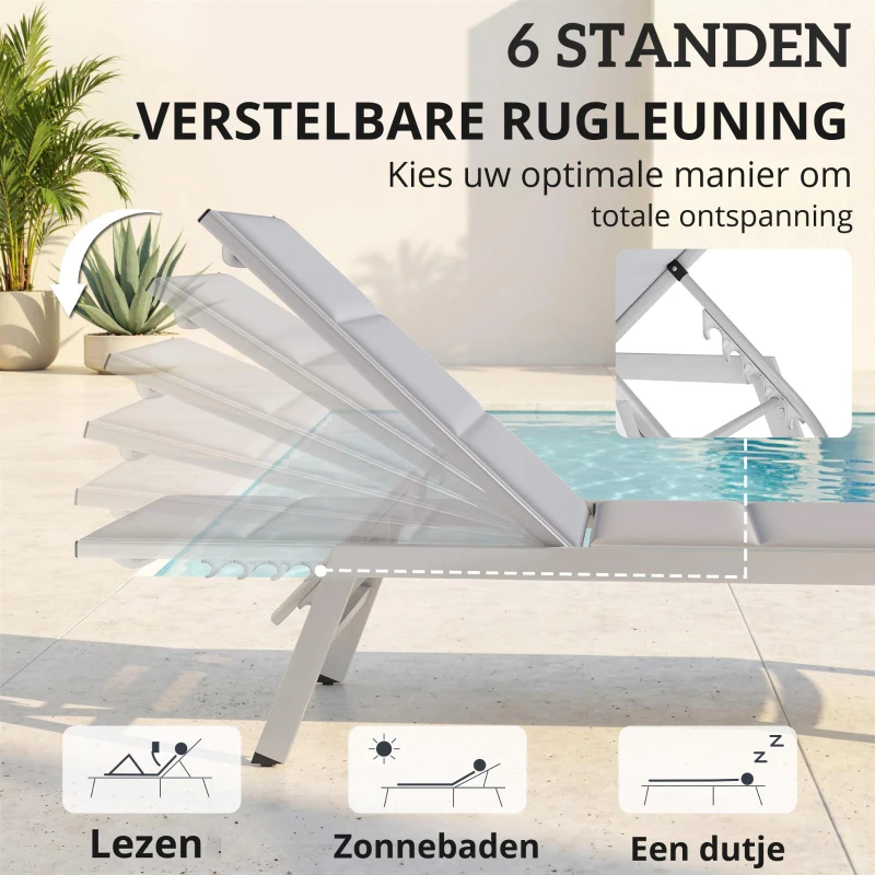Outsunny Zonne-ligstoel ademende tuinligstoel met 6-voudig verstelbare rugleuning aluminiumframe lichtgrijs