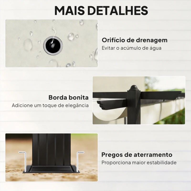 Outsunny Pérgola de Jardim 4x3 m com Telhado Retrátil Estrutura de Alumínio UPF30+ Orifícios de Drenagem Pérgola de Exterior Creme