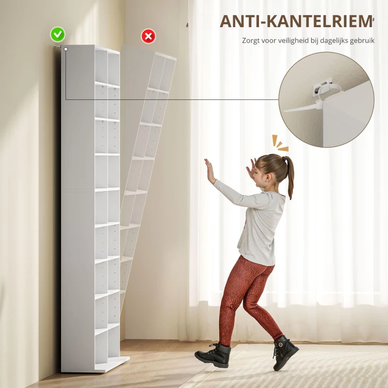 HOMCOM DVD-Rek, CD-Opslagrek, 14 Aanpasbare Planken, 18 Vakken, 175 cm, Blu-ray-Rek, Spaanplaat, Wit