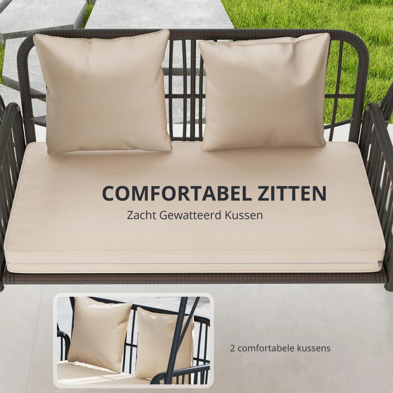 Outsunny Rattan Hollywoodschommel voor 2 Personen met Zonnedak en Kussens, Belastbaar tot 240 kg, 149 x 121 x 180 cm, Khaki