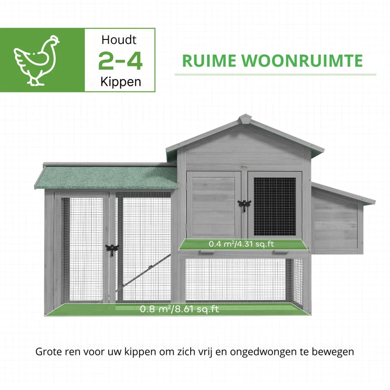 PawHut Kippenhok van hout Kippenhuis met buitenren nestkast helling uitschuifbare lade voor 2-4 kippen 168x75x103cm grijs