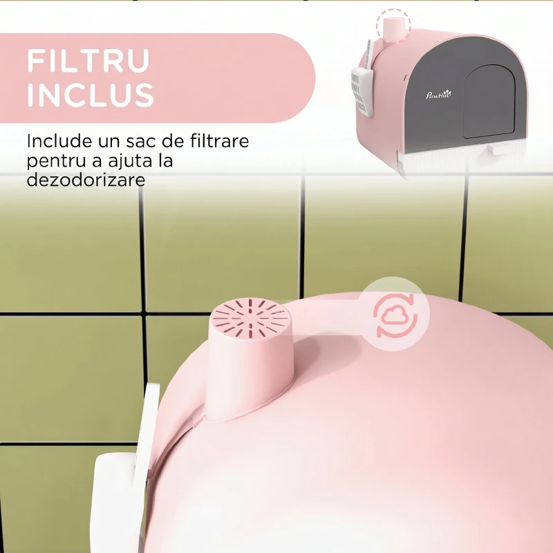PawHut Litieră pentru Pisici Închisă cu Filtre, Lopățică și Tăviță, Structură din PP, 43x44x47cm, Roz