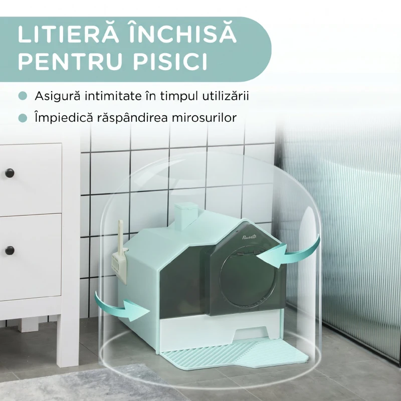 PawHut Litiere pentru Pisici Închise cu Tavă Detașabilă, Covoraș și Lopățică, 47x45x42cm, Albastru