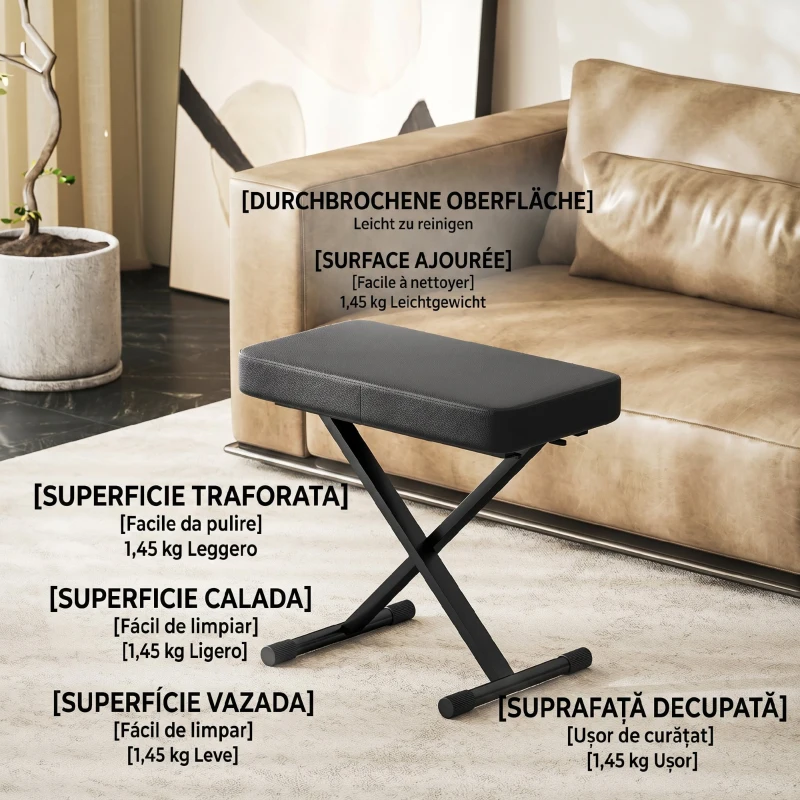 HOMCOM Scaun pentru Pian Pliabil și Reglabil pe 4 Înălțimi, din Piele PU, Spumă și Metal, 60x32x53-63 cm, Negru