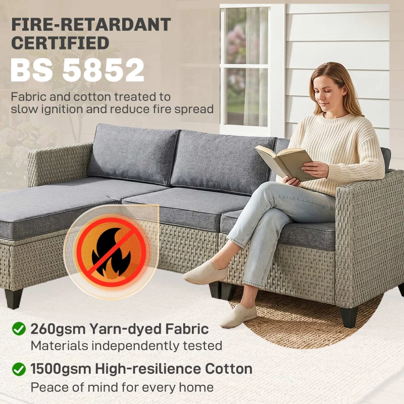Outsunny 5-Piece Rattan Patio Furniture Set with Corner Sofa, Footstools, Coffee Table, for Poolside, Dark Grey