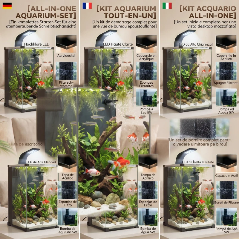PawHut Acvariu 36L cu Filtru Integrat, 30 x 30 x 45,5 cm, Negru