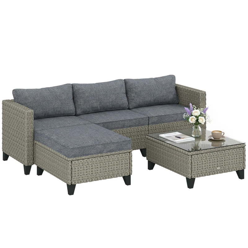 Outsunny 5-Piece Rattan Patio Furniture Set with Corner Sofa, Footstools, Coffee Table, for Poolside, Dark Grey
